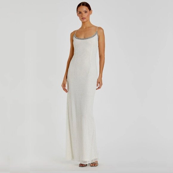 NWT Mac Duggal Beaded Spaghetti Strap Column Dress White 16 #A0307 - Picture 1 of 12
